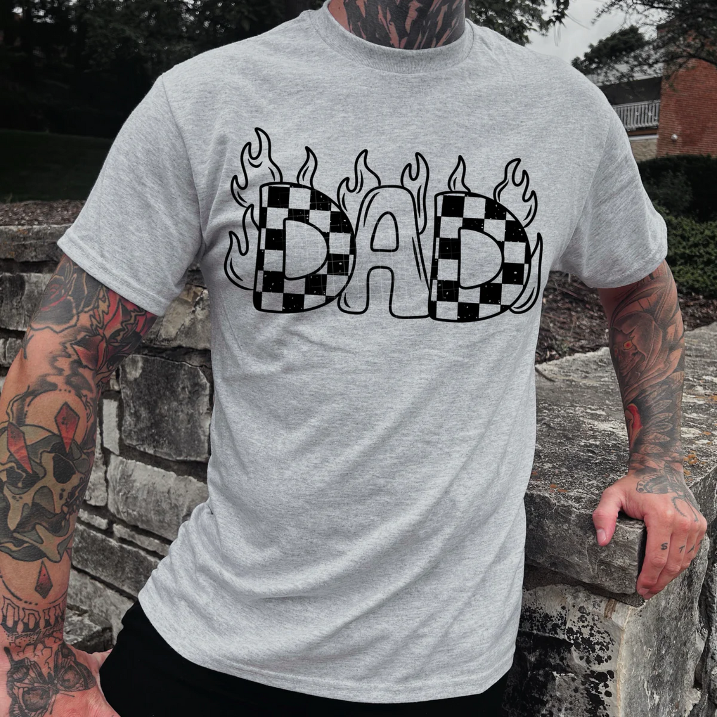 DAD FLAME CHECKER SINGLE COLOR BLACK DTF TRANSFER PRINT TO ORDER 721