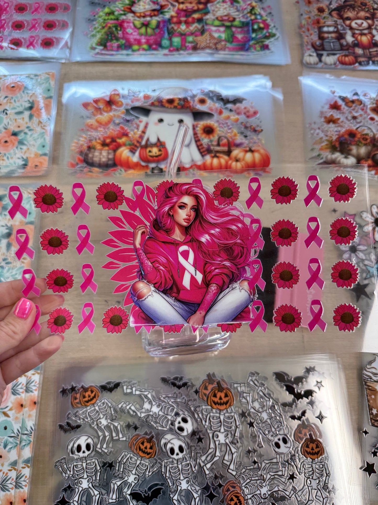 RTS Breast Cancer FLOWERS RIBBON PINK HAIR LADY CUP WRAP UV DTF 16OZ