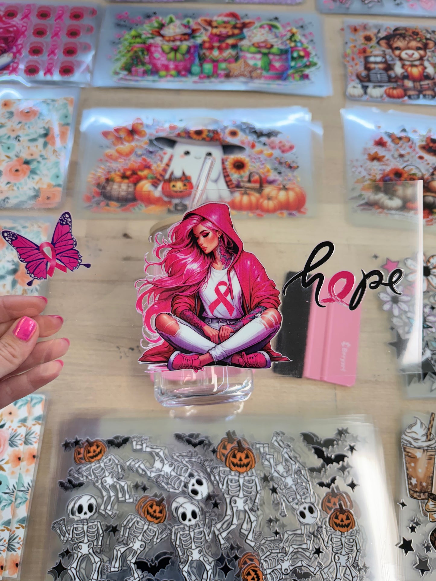 RTS BREAST CANCER HOPE BOXING RIBBON PINK CUP WRAP UV DTF 16OZ