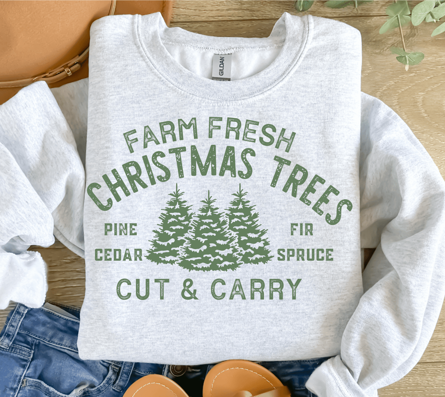 FARM FRESH CHRISTMAS TREES CUT AND CARRY SINGLE COLOR GREEN DTF size ADULT DTF TRANSFER PRINT TO ORDER - Do it yourself Transfers