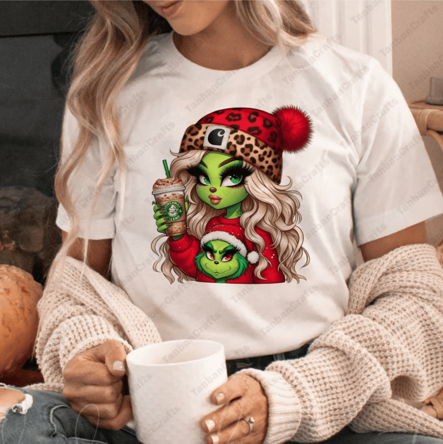 Grinchmas girl coffee red leopard DTF size ADULT DTF TRANSFER PRINT TO ORDER - Do it yourself Transfers