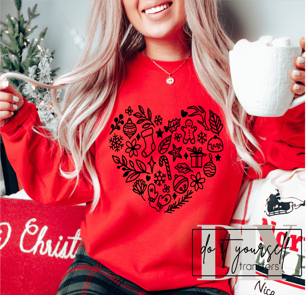 HEART Christmas Winter SINGLE COLOR BLACK size ADULT DTF TRANSFERPRINT TO ORDER - Do it yourself Transfers