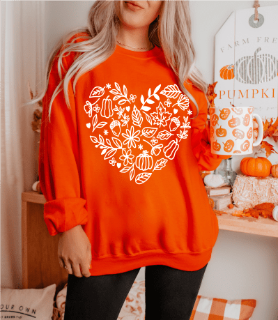 Heart FALL autunm leaves pumpkins SINGLE COLOR WHITE size ADULT 10.5X11 DTF TRANSFERPRINT TO ORDER - Do it yourself Transfers