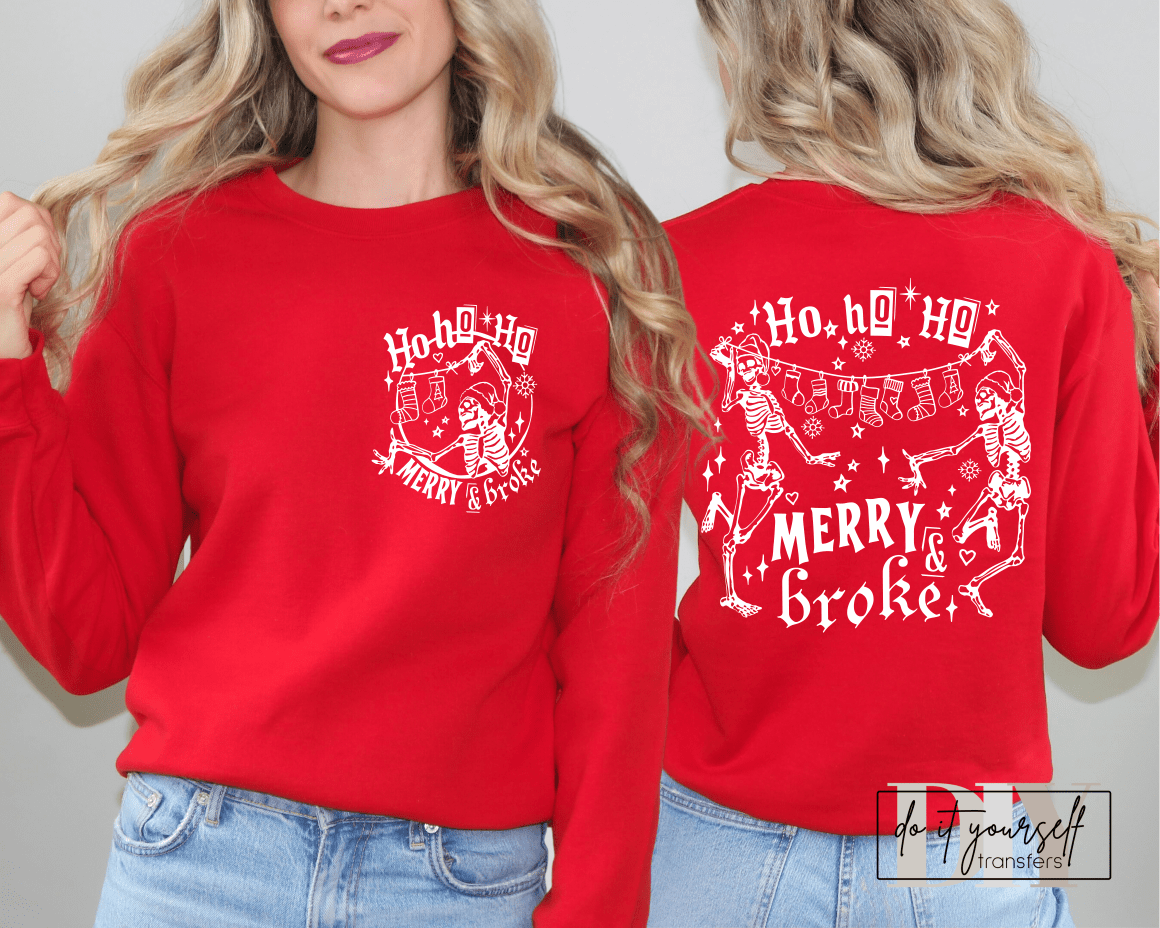 HO HO HO Merry & Broke skulls dancing stockings Christmas SINGLE COLOR WHITE size ADULT FRONT 5X4 BACK DTF TRANSFERPRINT TO ORDER - Do it yourself Transfers