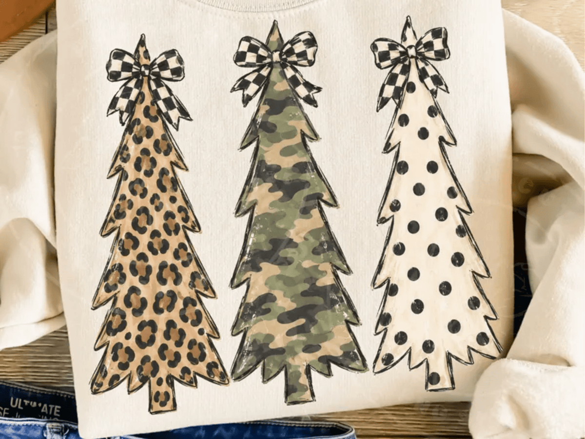 RTS CHRISTMAS TREES LEOPARD CAMO POLKA DTF DIRECT TO FILM transfers ADULT 10.5X11.5 - Do it yourself Transfers