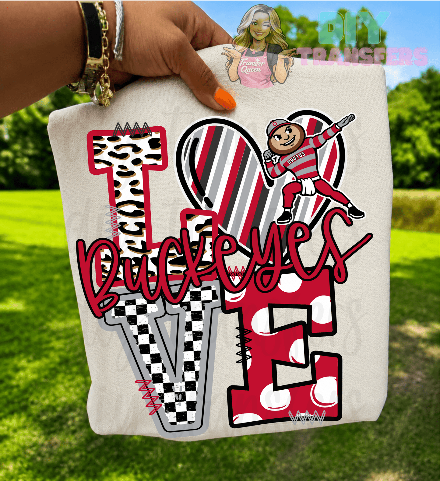RTS LOVE BUCKEYES RED GREY DTF DIRECT TO FILM transfers ADULT 10X11.5 - Do it yourself Transfers