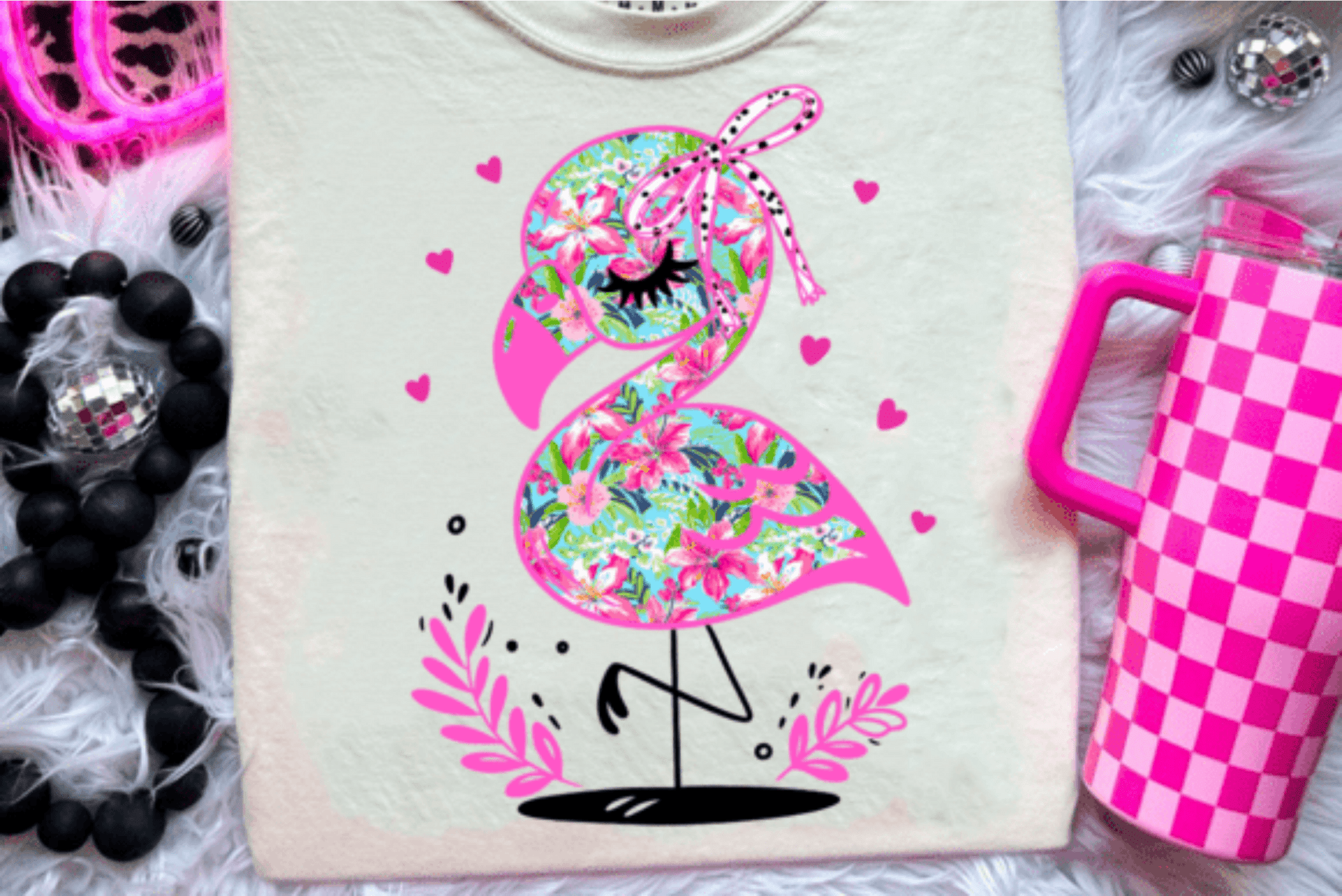 TRANSFER TUESDAY FLAMINGO PINK BOW FLORAL DTF DIRECT TO FILM transfers size ADULT 9X12 - Do it yourself Transfers