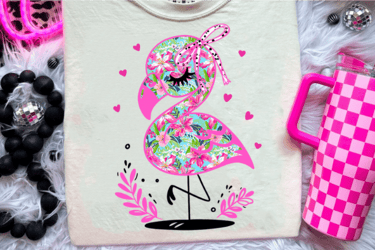 TRANSFER TUESDAY FLAMINGO PINK BOW FLORAL DTF DIRECT TO FILM transfers size ADULT 9X12 - Do it yourself Transfers