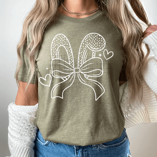 TRANSFER TUESDAY SHIPS FEB 18TH EASTER BUNNY EARS POLKA DOT HEART BOW SINGLE COLOR WHITE Screen Print transfers size ADULT 9X12.5 - Do it yourself Transfers