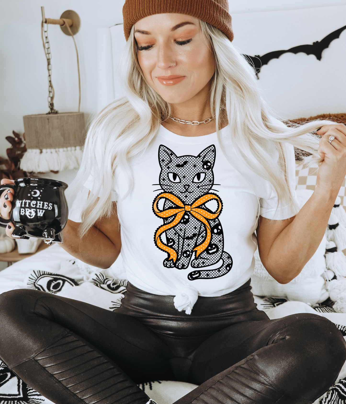 RTS HALLOWEEN CAT LACE BOW ORANGE SCREEN PRINT transfer ADULT 7X12