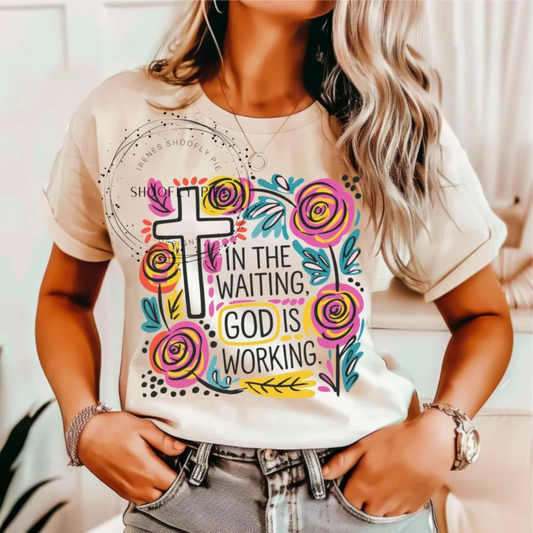 IN THE WAITING GOD IS WORKING CROSS FLOWERS DTF TRANSFER PRINT TO ORDER 710