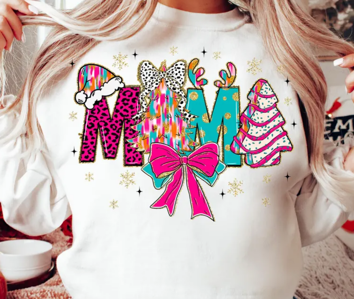 MAMA CHRISTMAS TREE BOW CAKE DTF TRANSFER PRINT TO ORDER 644