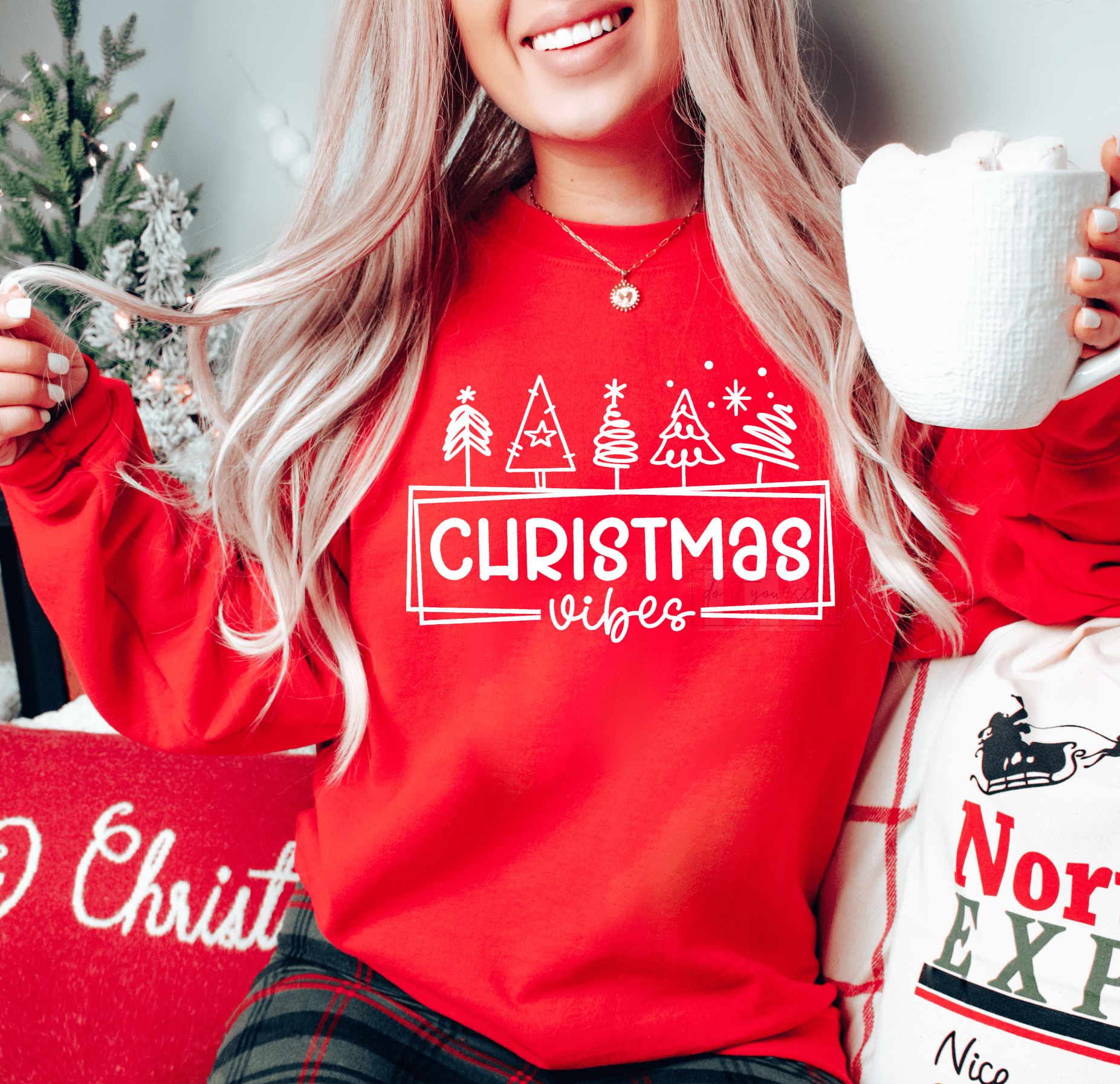 Christmas Vibes trees SINGLE COLOR WHITE size ADULT DTF TRANSFERPRINT TO ORDER - Do it yourself Transfers