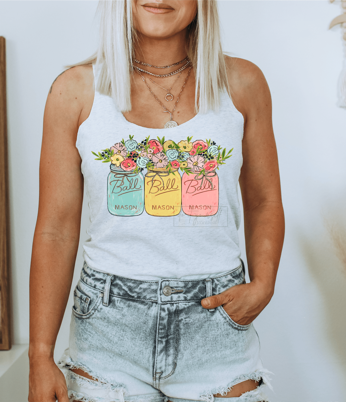 Colored Mason jars with flowers Watercolor jars with bright flowers size ADULT 7.5x12 DTF TRANSFERPRINT TO ORDER - Do it yourself Transfers