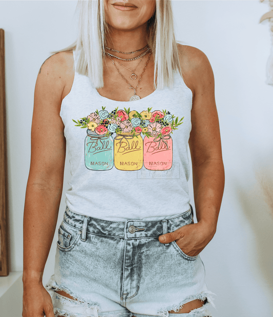 Colored Mason jars with flowers Watercolor jars with bright flowers size ADULT 7.5x12 DTF TRANSFERPRINT TO ORDER - Do it yourself Transfers