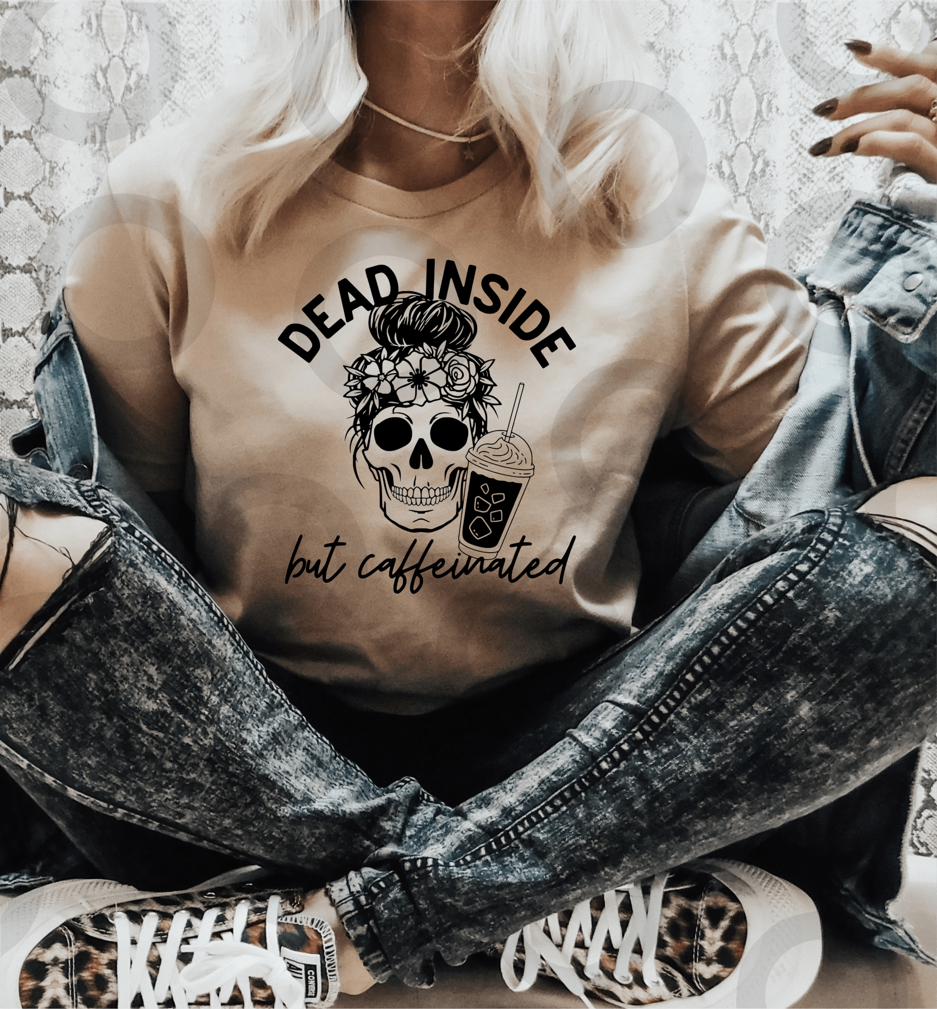 Dead Inside but Caffeinated mom bun iced coffee SINGLE COLOR BLACK size ADULT DTF TRANSFERPRINT TO ORDER - Do it yourself Transfers