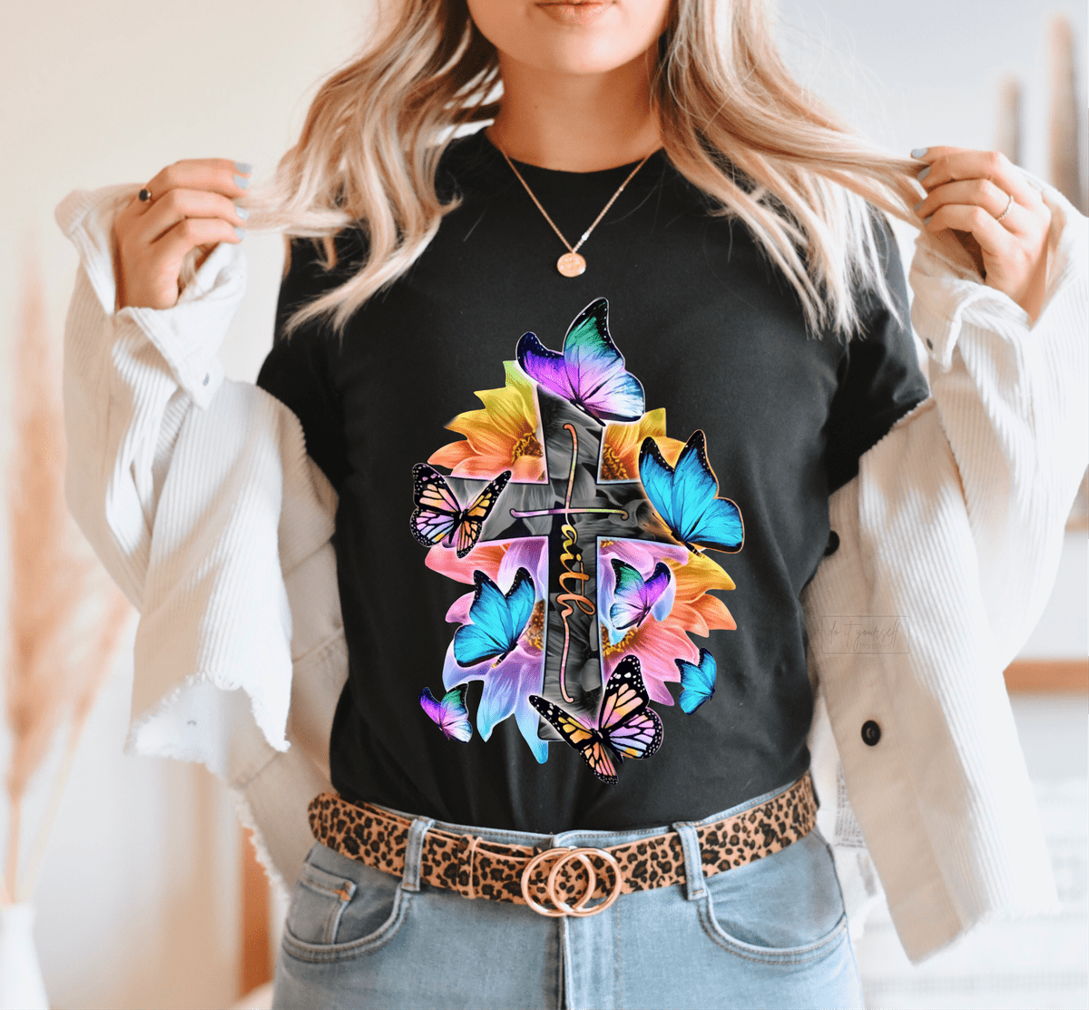 Faith Cross Butterflies flowers multi color size ADULT DTF TRANSFERPRINT TO ORDER - Do it yourself Transfers