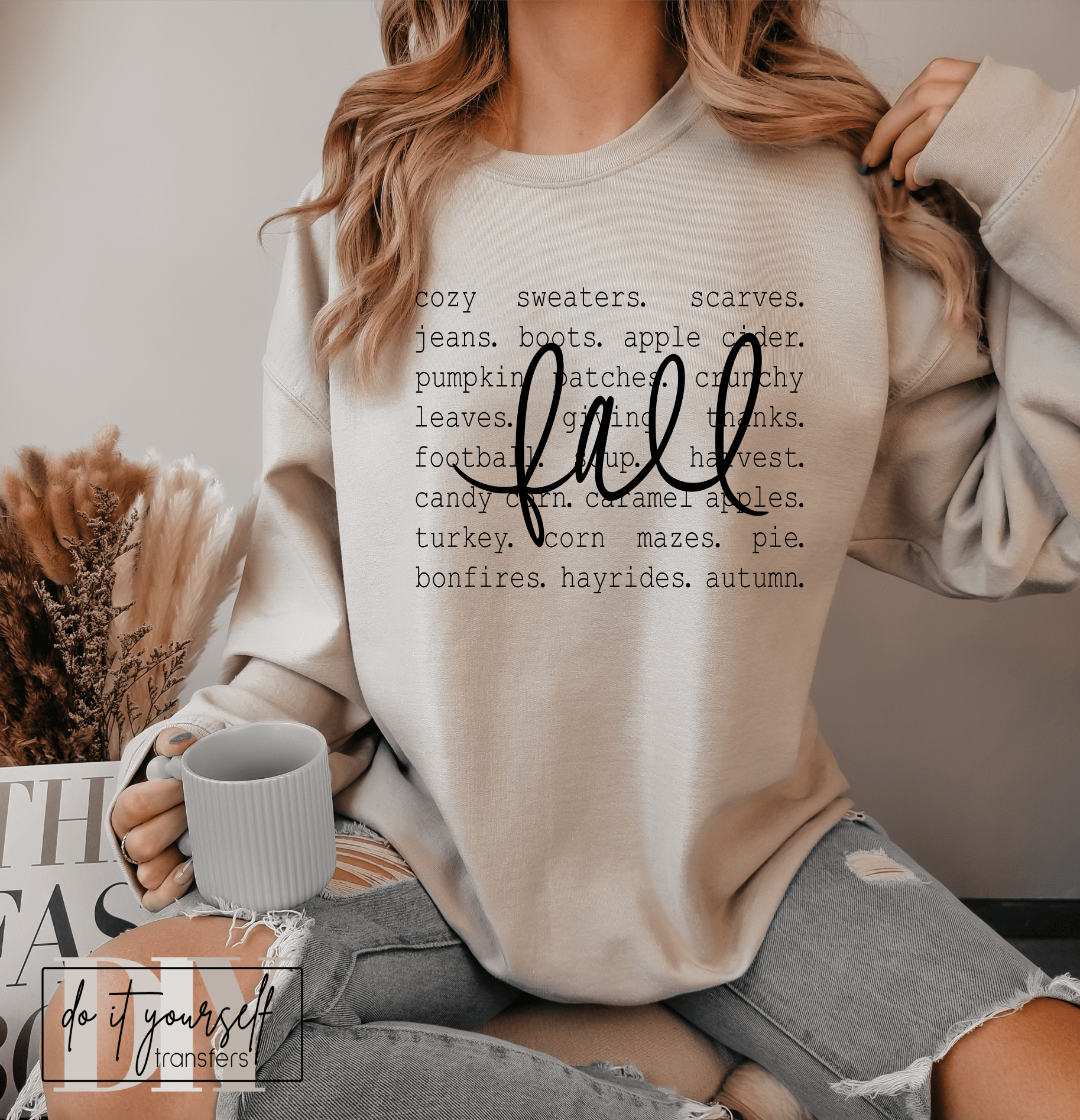 FALL COZY SWEATERS SCARVES JEANS BOOTS APPLE CIDER SINGLE COLOR BLACK size ADULT DTF TRANSFERPRINT TO ORDER - Do it yourself Transfers
