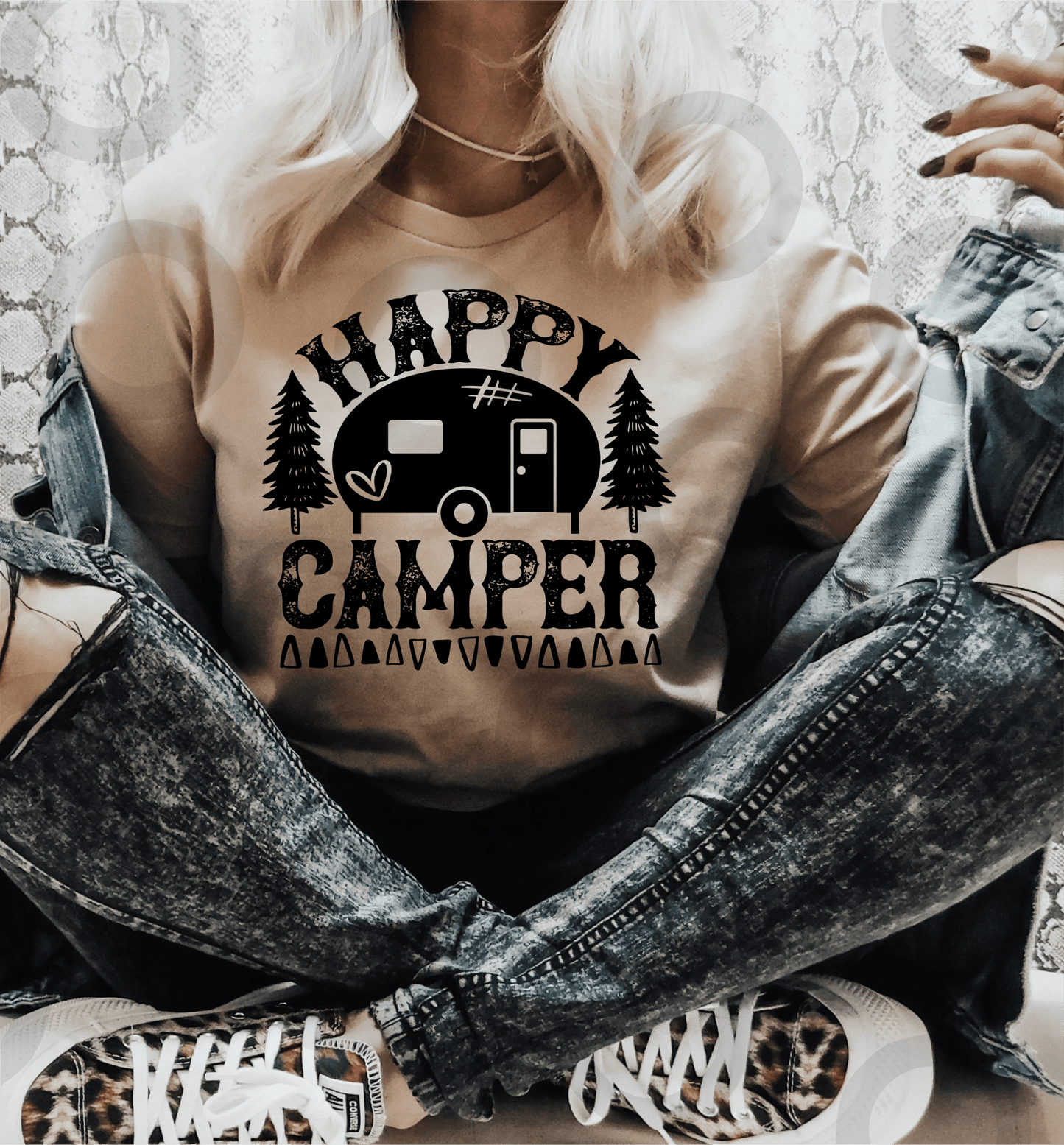HAPPY CAMPER camping heart SINGLE COLOR BLACK size ADULT DTF TRANSFERPRINT TO ORDER - Do it yourself Transfers