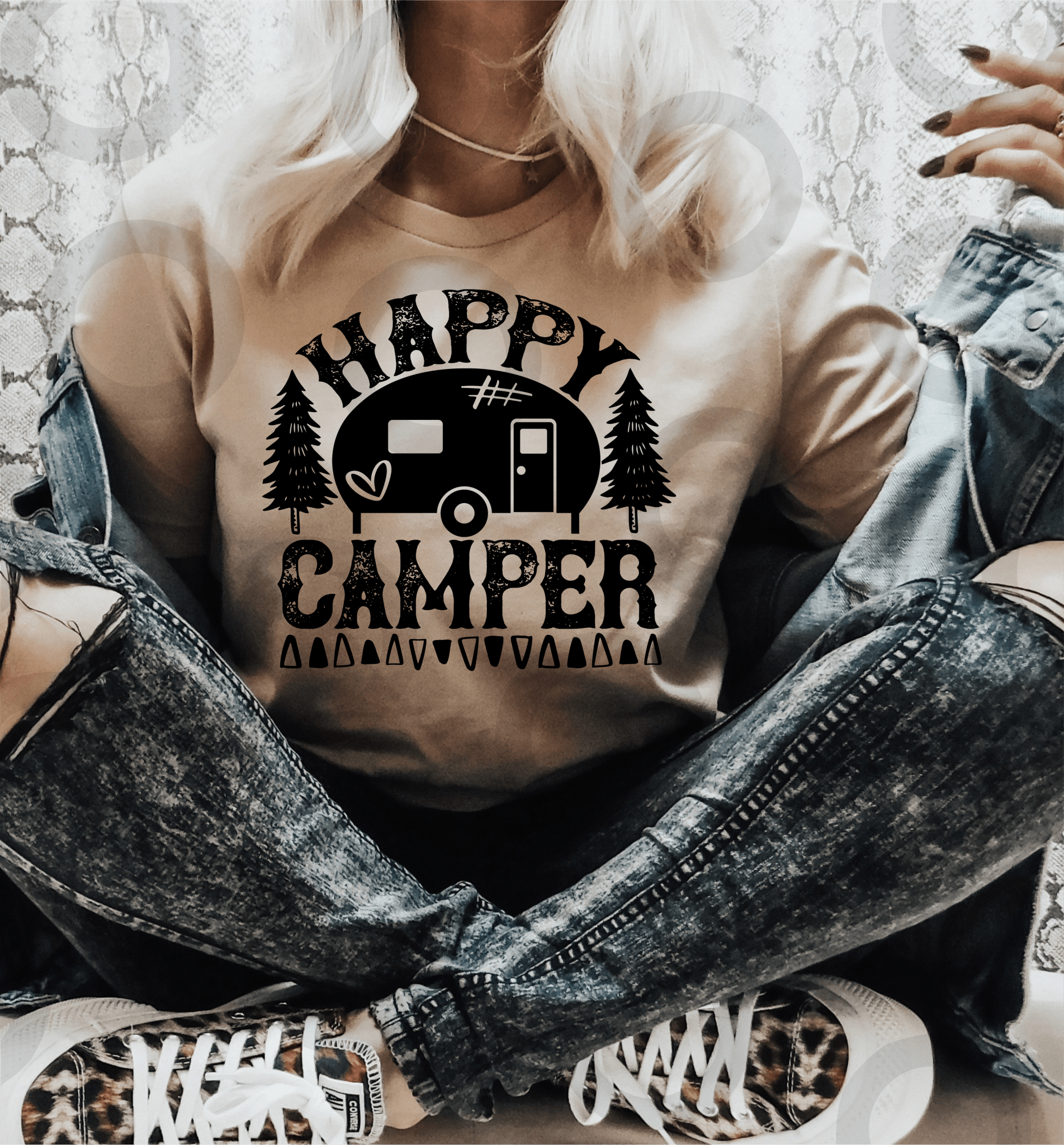 HAPPY CAMPER camping heart SINGLE COLOR BLACK size ADULT DTF TRANSFERPRINT TO ORDER - Do it yourself Transfers