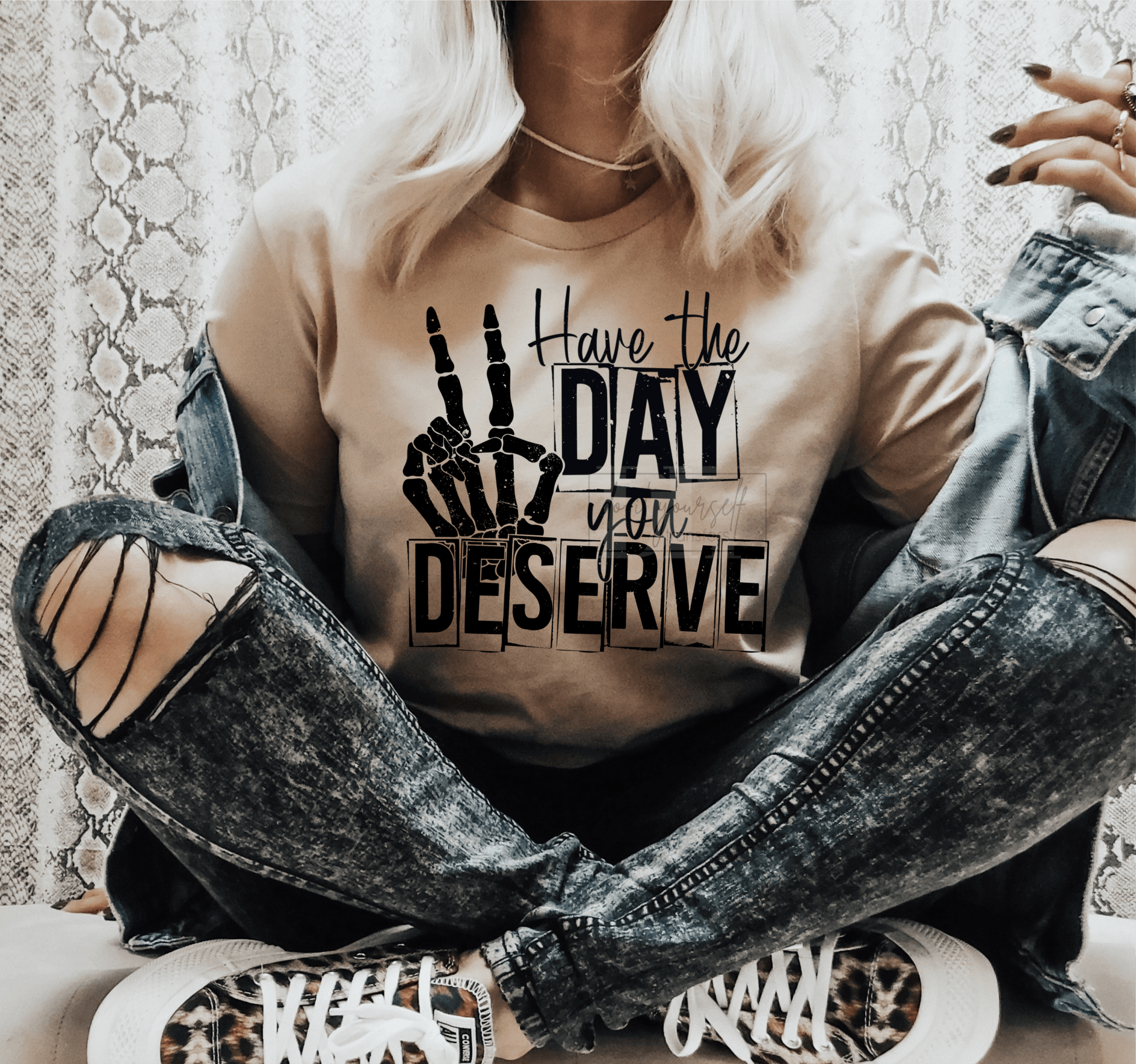 Have the day you deserve Skull hands peace sign SINGLE COLOR BLACK size ADULT DTF TRANSFERPRINT TO ORDER - Do it yourself Transfers