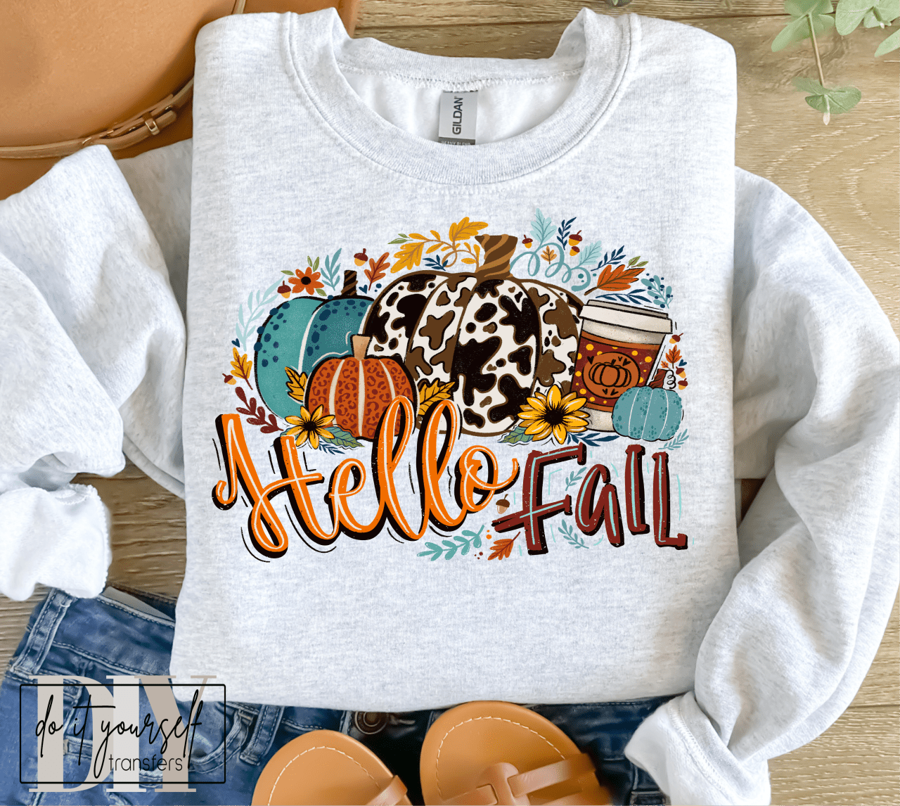 Hello FALL cow print coffee orange maroon leaves DTF TRANSFER PRINT TO ORDER 660 - Do it yourself Transfers
