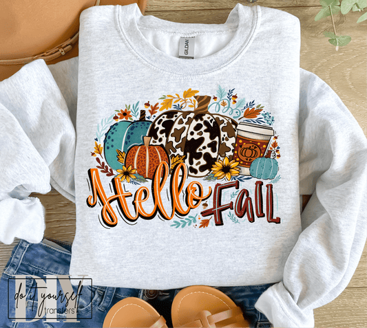 Hello FALL cow print coffee orange maroon leaves DTF TRANSFER PRINT TO ORDER 660 - Do it yourself Transfers