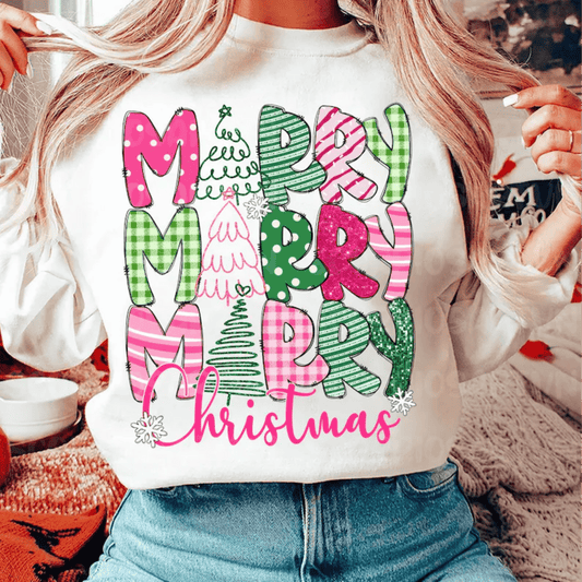 Merry Merry Merry Christmas pink green DTF size ADULT DTF TRANSFER PRINT TO ORDER - Do it yourself Transfers