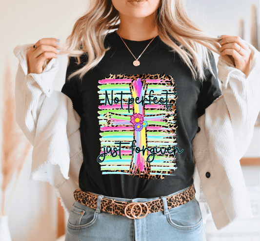 Not perfect just FORGIVEN cross flowers mutli color leopard size ADULT DTF TRANSFERPRINT TO ORDER - Do it yourself Transfers