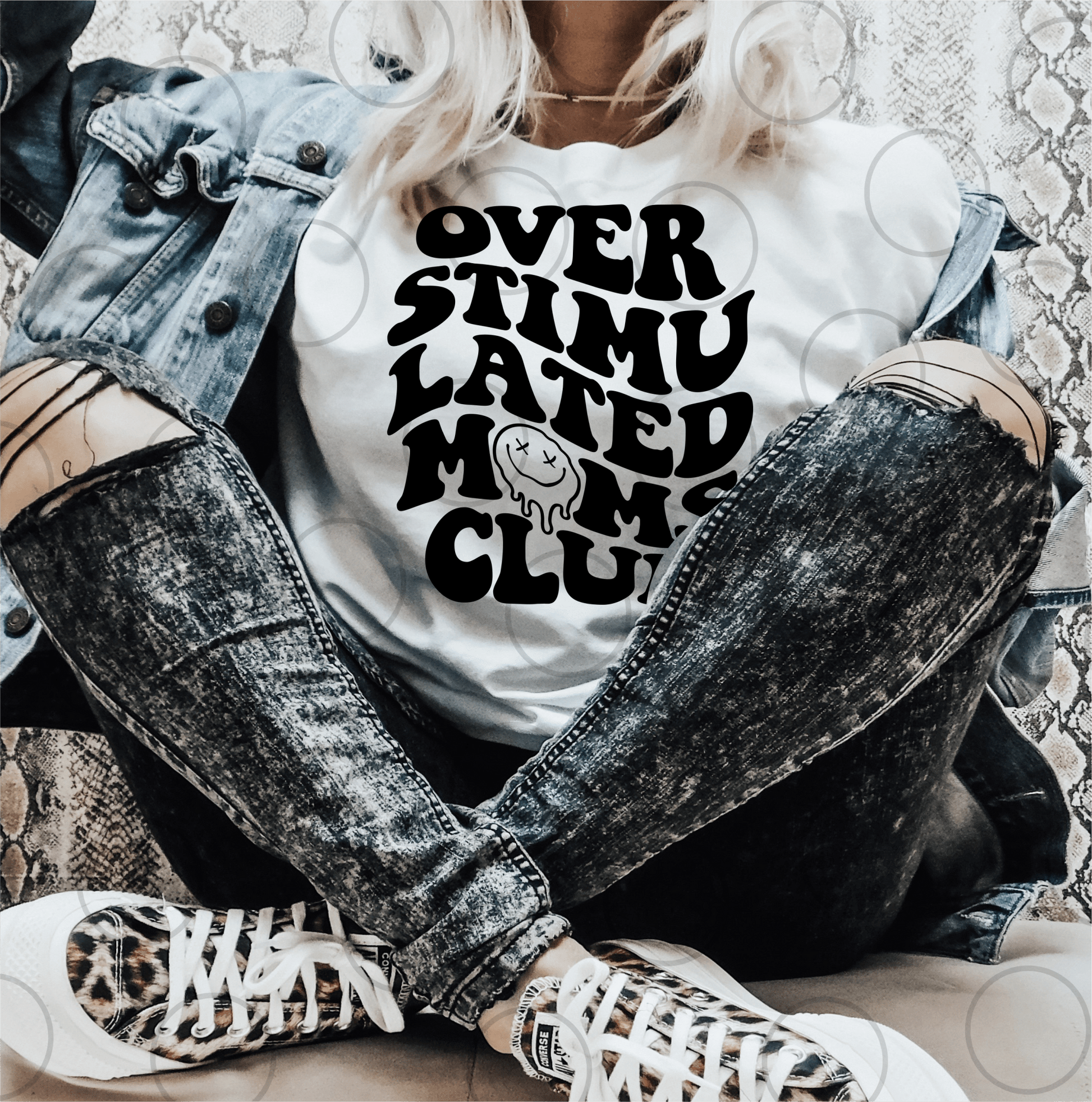 Over stimulated MOMS CLUB smiley face SINGLE COLOR BLACK size ADULT DTF TRANSFERPRINT TO ORDER - Do it yourself Transfers