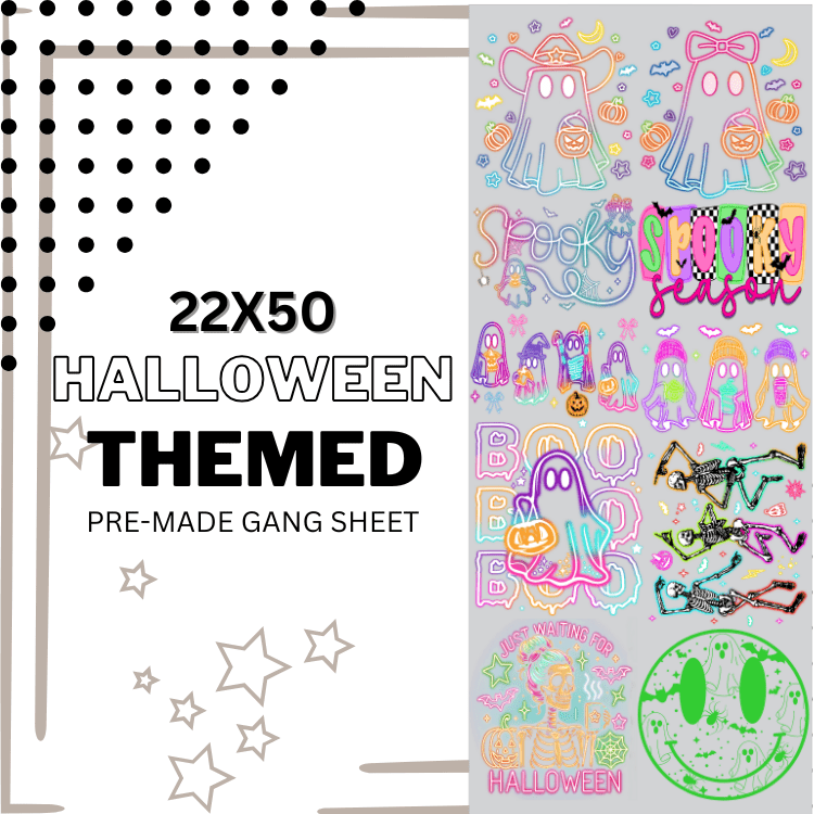 PRE - MADE GANG SHEET HALLOWEEN NEON DTF DIRECT TO FILM transfers size 22x50 - Do it yourself Transfers