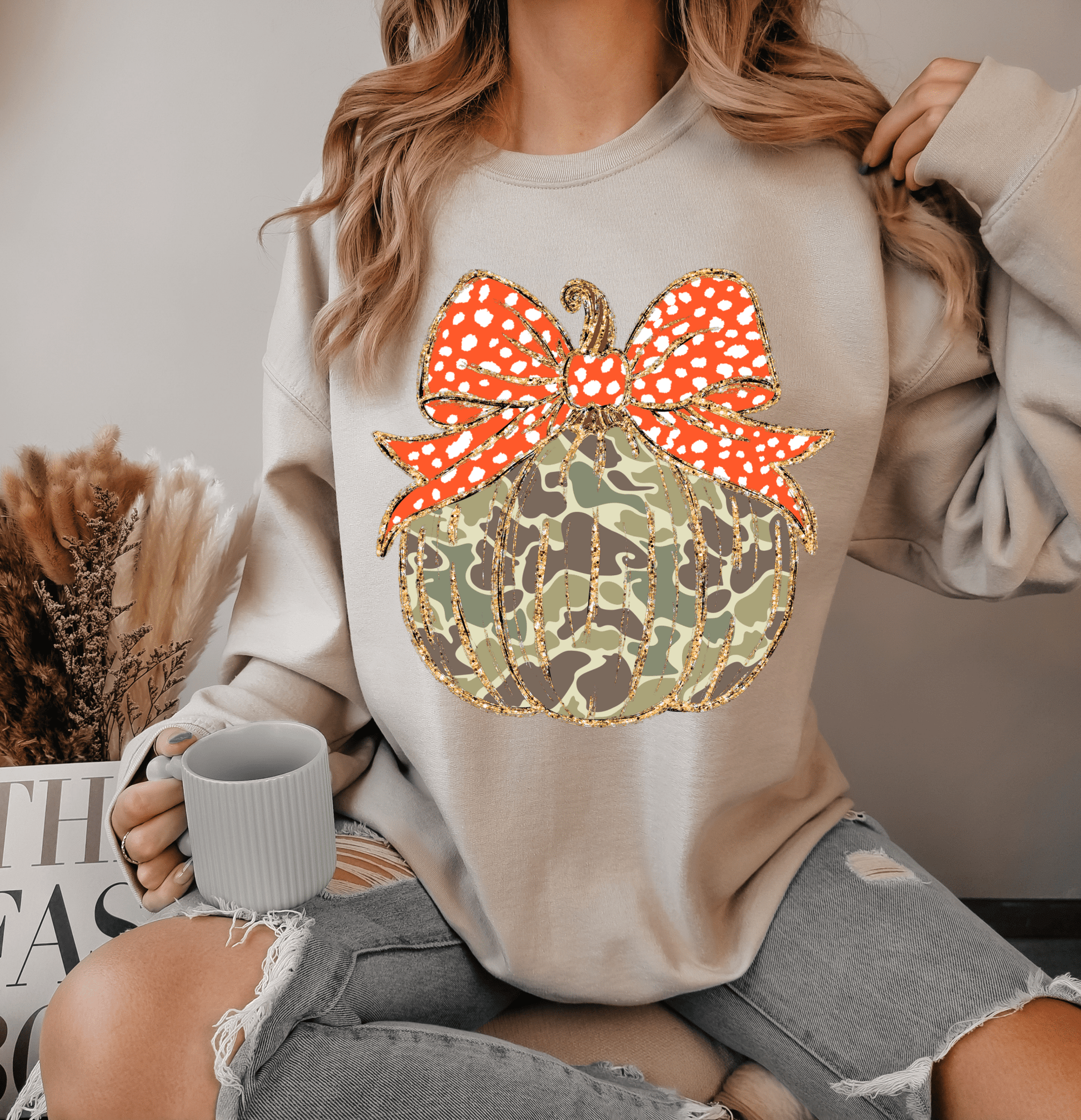 PUMPKIN BOW orange polka dot camo fall DTF size ADULT DTF TRANSFER PRINT TO ORDER - Do it yourself Transfers