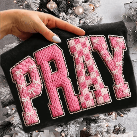 RTS PRAY PINK WHITE YARN FAUX DTF DIRECT TO FILM transfers ADULT 9X12 - Do it yourself Transfers