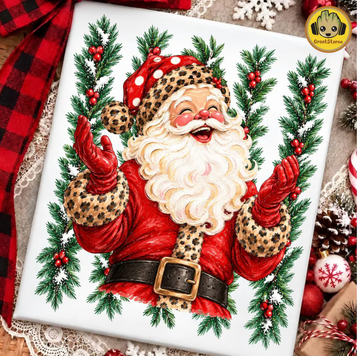 RTS SANTA LEOPARD RED GARLAND CHRISTMAS DTF DIRECT TO FILM transfers ADULT 10.5X11.5 - Do it yourself Transfers