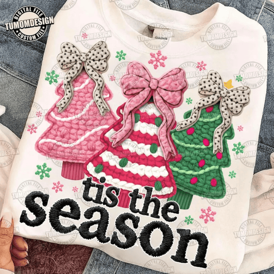 RTS TIS THE SEASON CHRISTMAS PINK GREEN BOWS FAUX DTF DIRECT TO FILM transfers ADULT 10X12 - Do it yourself Transfers