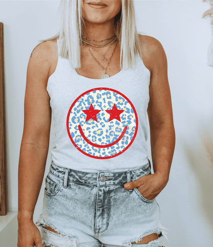 Smiley Face Stars Blue red leopard size ADULT 10x10 DTF TRANSFERPRINT TO ORDER - Do it yourself Transfers