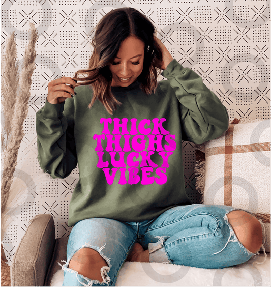 THICK THIGHS LUCKY VIBES neon pink SINGLE COLOR size ADULT DTF TRANSFERPRINT TO ORDER - Do it yourself Transfers