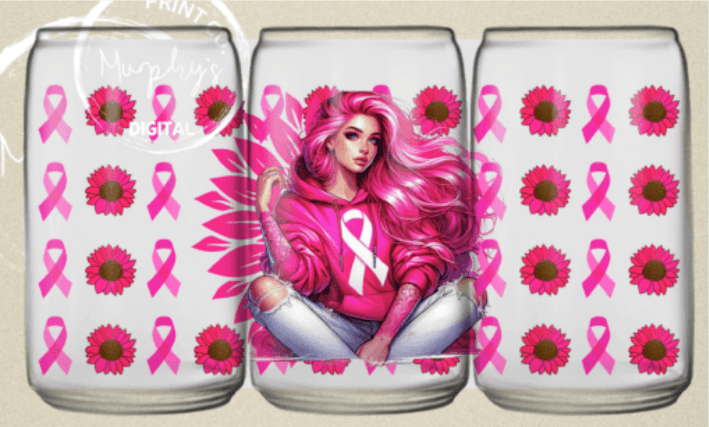TRANSFER TUESDAY Breast Cancer FLOWERS RIBBON PINK HAIR LADY CUP WRAP UV DTF 16OZ - Do it yourself Transfers