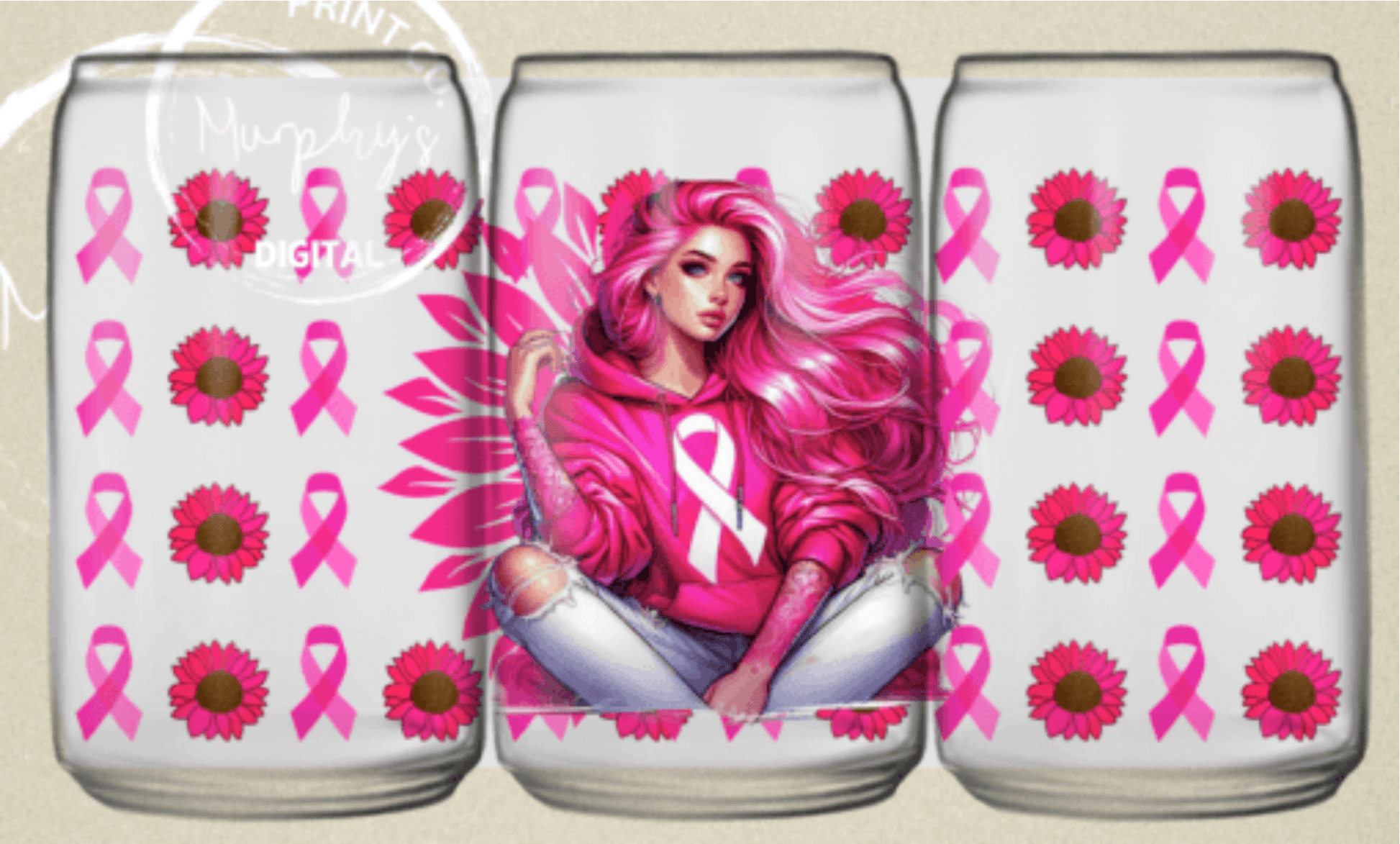 TRANSFER TUESDAY Breast Cancer FLOWERS RIBBON PINK HAIR LADY CUP WRAP UV DTF 16OZ - Do it yourself Transfers