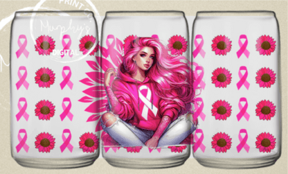 TRANSFER TUESDAY Breast Cancer FLOWERS RIBBON PINK HAIR LADY CUP WRAP UV DTF 16OZ - Do it yourself Transfers