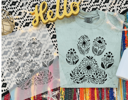 TRANSFER TUESDAY PAW PRINT FLORAL FLOWERS SINGLE COLOR BLACK DTF DIRECT TO FILM transfers ADULT 10X12 - Do it yourself Transfers