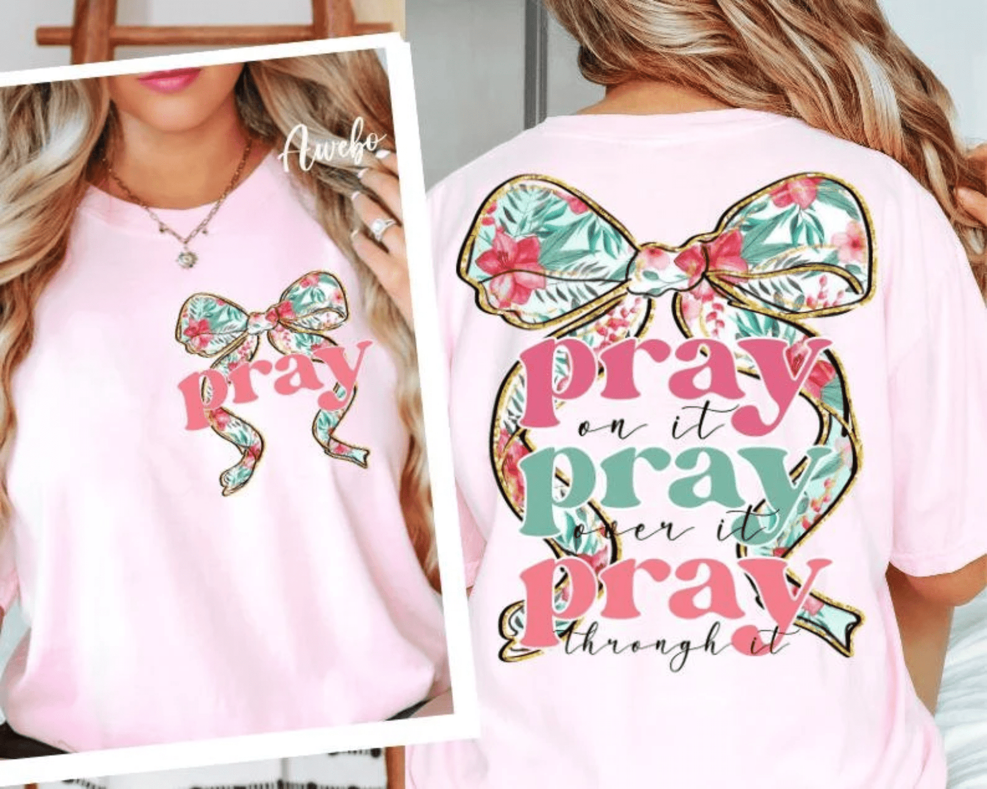 TRANSFER TUESDAY SHIPS FEB 18TH Pray over it coquette bow floral pattern DTF DIRECT TO FILM transfers size ADULT 10x12 front - Do it yourself Transfers