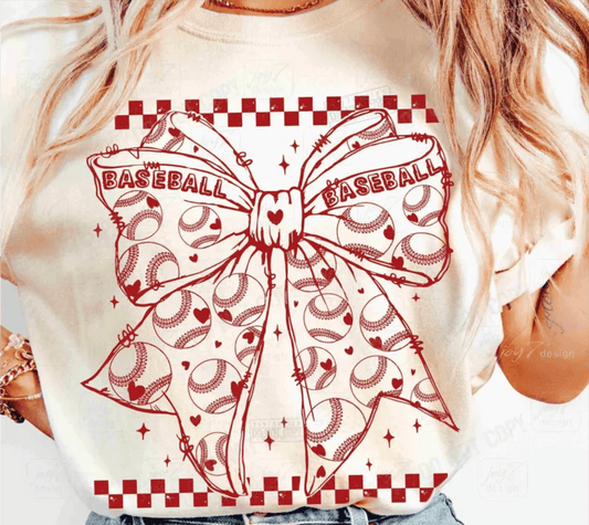 TRANSFER TUESDAY SHIPS FEB 4TH BASEBALL checker bow SINGLE COLOR RED Screen Print transfers size ADULT 11X12 - Do it yourself Transfers