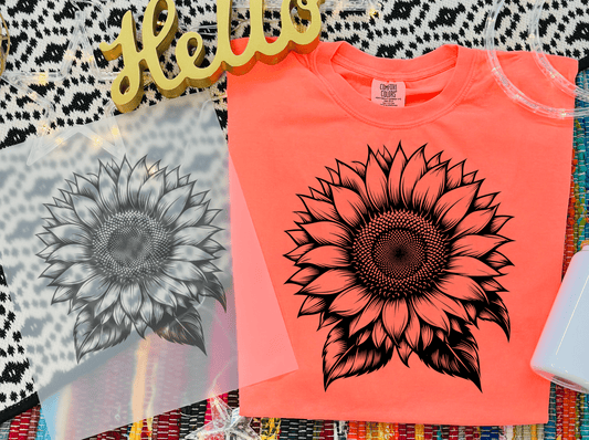TRANSFER TUESDAY SUNFLOWER SINGLE COLOR BLACK DTF DIRECT TO FILM transfers size ADULT 10X11 - Do it yourself Transfers