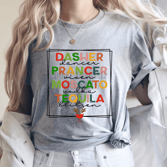 Dasher Dancer Prancer Vixen Moscato Vodka Tequila Blitzen Reindeer red nose Christmas Adult size 10.6x11.2 DTF TRANSFER PRINT TO ORDER 135 - Do it yourself Transfers