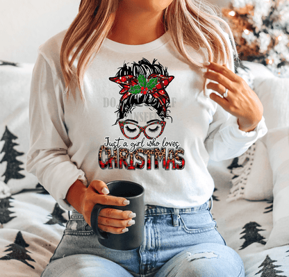 Just a girl who loves Christmas mom bun buffalo plaid leopard DTF TRANSFER PRINT TO ORDER 120 - Do it yourself Transfers