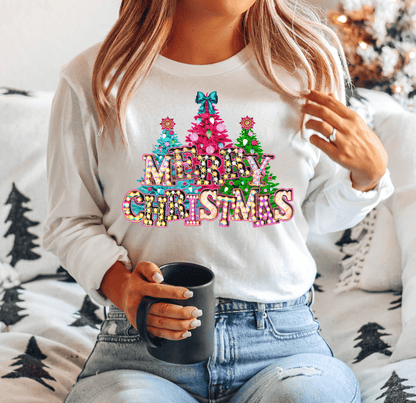 Merry Christmas Trees Pink Green Turquoise lights bow DTF TRANSFER PRINT TO ORDER 107 - Do it yourself Transfers