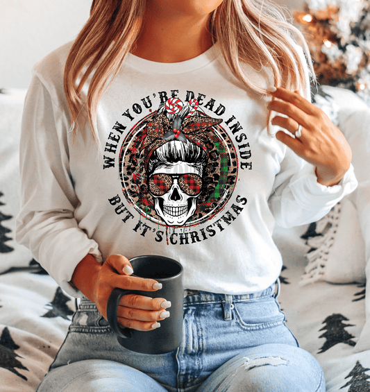Skull Dead Inside But It's Christmas candy cane DTF TRANSFER PRINT TO ORDER 176 - Do it yourself Transfers