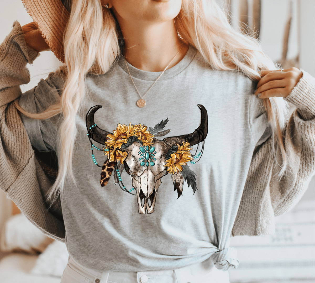 Sunflower Boho Bull Skull ADULT size DTF TRANSFER PRINT TO ORDER 146 - Do it yourself Transfers