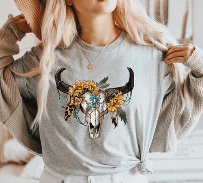 Sunflower Boho Bull Skull ADULT size DTF TRANSFER PRINT TO ORDER 146 - Do it yourself Transfers
